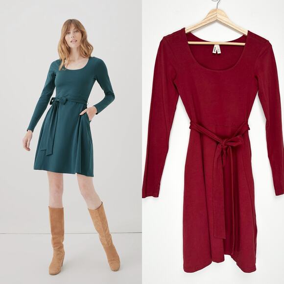 Pact Fit and Flare Skylar Ballet Tie Waist Dress Organic Cotton | Red | SZ XS - Picture 1 of 10